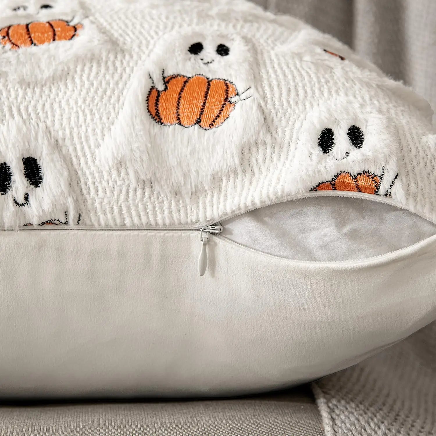 Tufted Ghost & Pumpkin Pillow Cover | Cozy Faux Fur Cute Halloween Decor (Case Only)